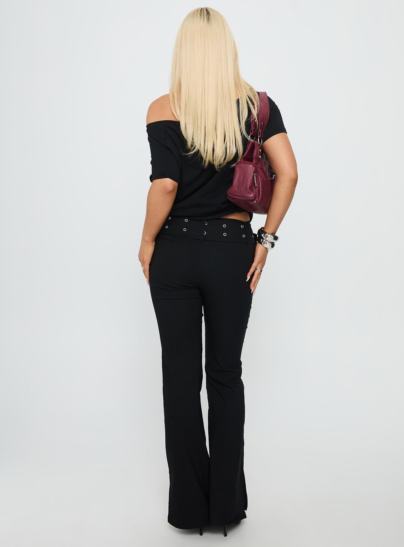 Kortnee Eyelet Detail Flare Leg Pants Black